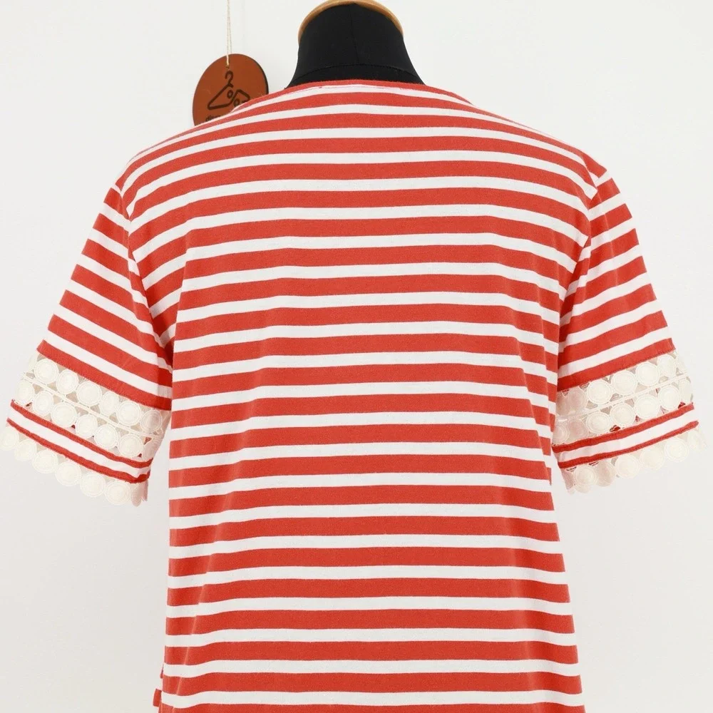 J. Crew Red White Stripe Lace Short Sleeve Crewneck Pullover Cotton Top F7534 XS